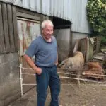 Dermot Allen, a white-haired middle-aged man standing in his farm yard where he produces ethical free-range pork